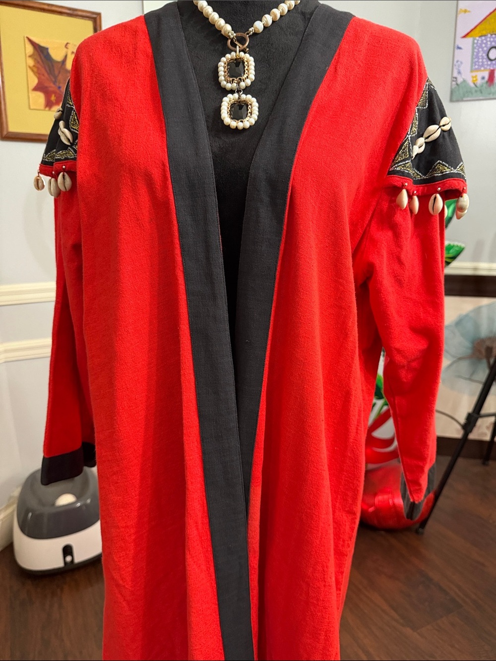 Source Unknown Red Long Sleeve Open-Front Dress with Black Trim - Picture 8 of 16